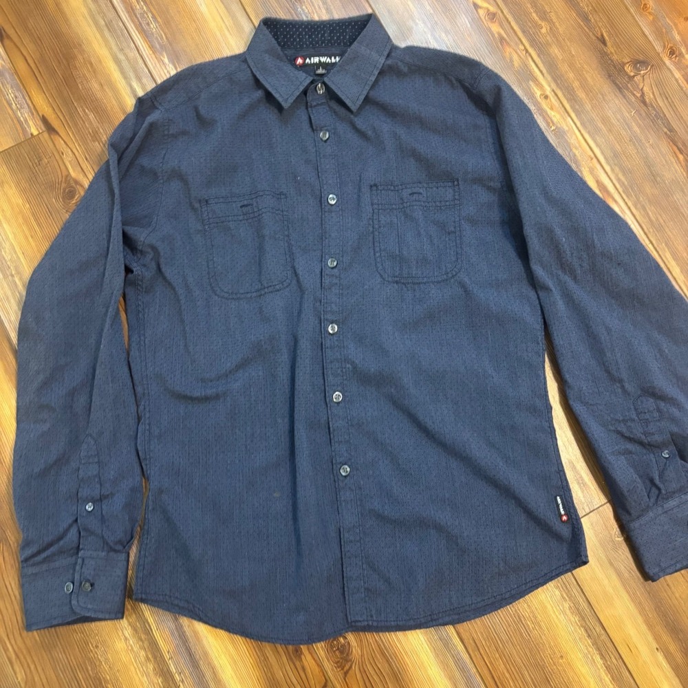 Airwalk Y2K Mens Skate Navy Blue Micro Pattern Long Sleeve Button Shirt Large L